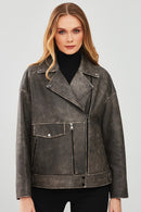 Delano Kadın Gri Vintage Oversize Biker Deri Ceket | Derimod