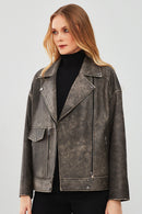 Delano Kadın Gri Vintage Oversize Biker Deri Ceket | Derimod