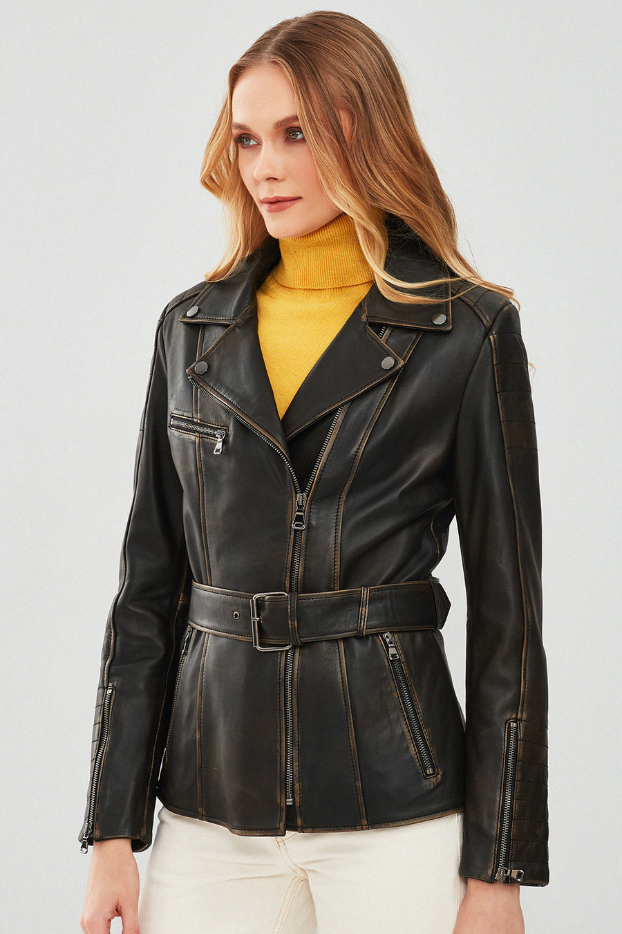 Mayfair Women's Brown Vintage Long Biker Leather Jacket