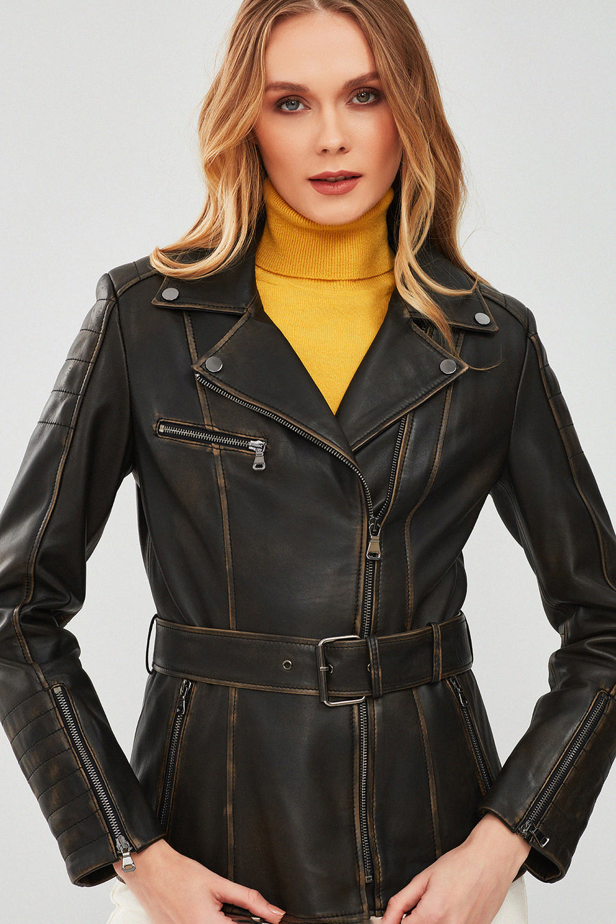 Mayfair Women's Brown Vintage Long Biker Leather Jacket