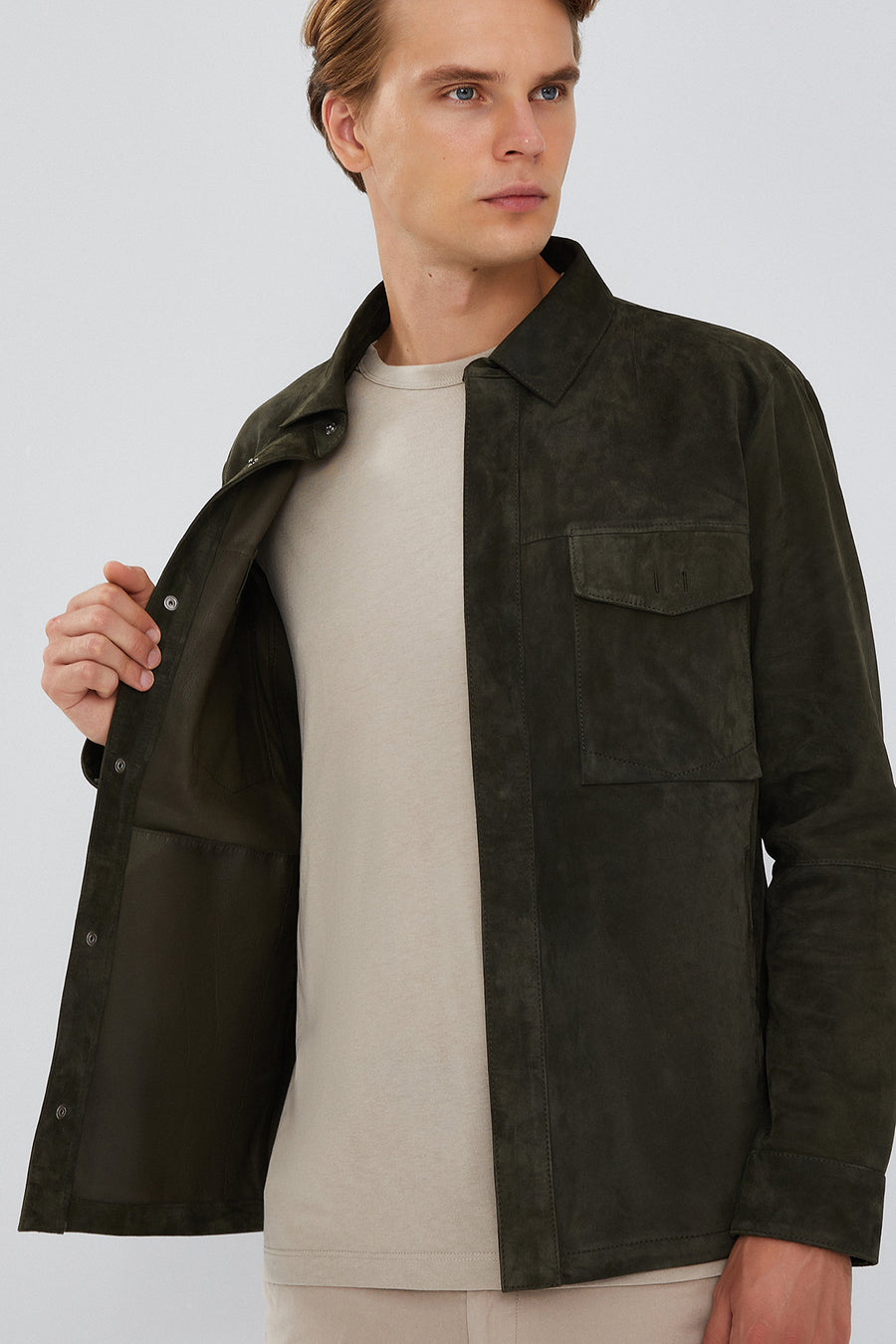Navas Men's Green Shirt Style Suede Leather Jacket