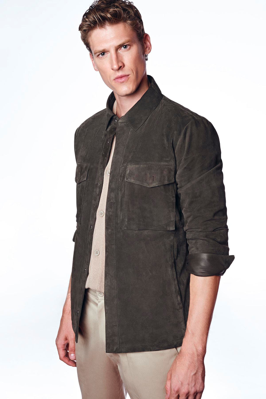 Navas Men's Green Shirt Style Suede Leather Jacket