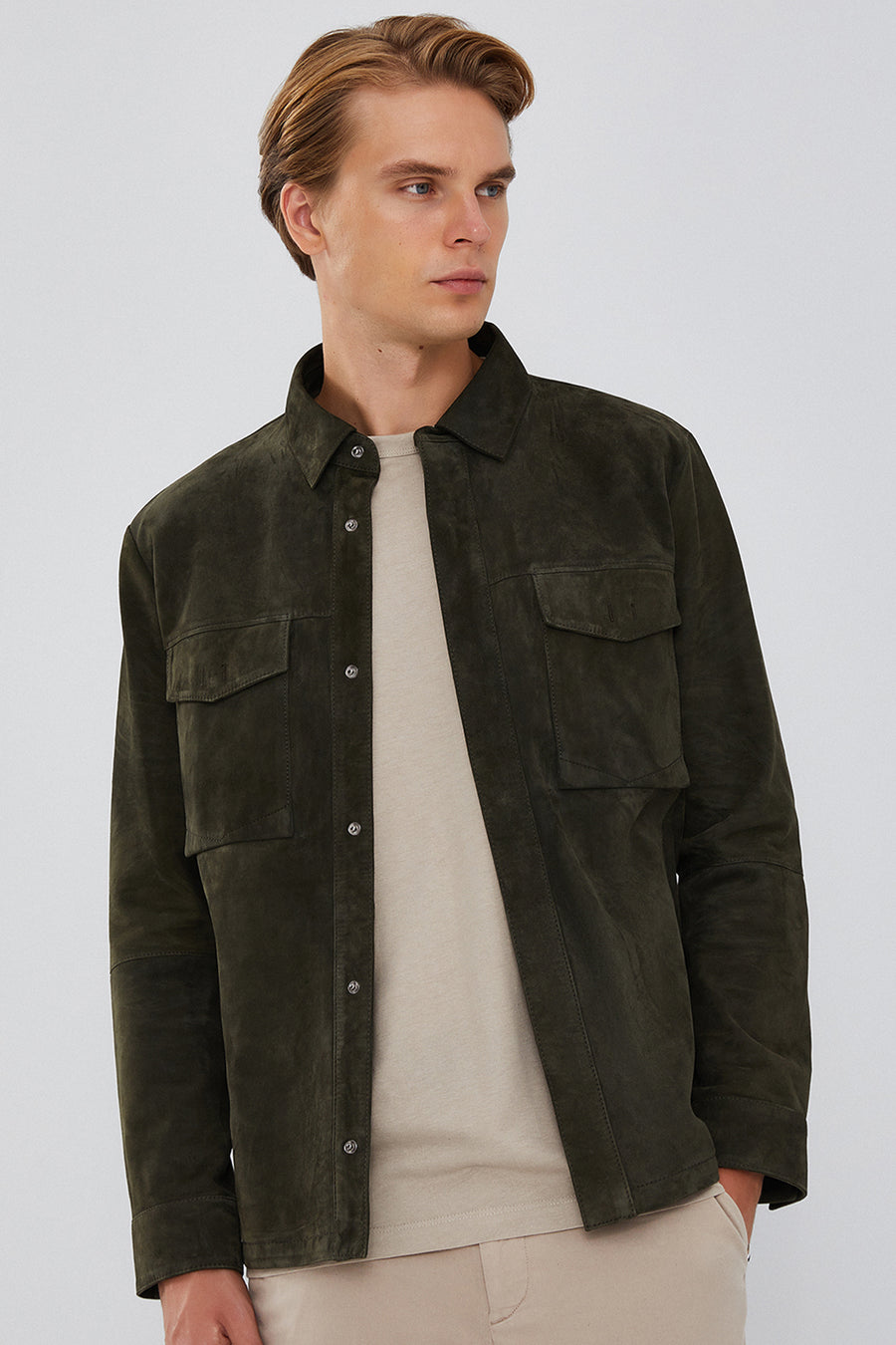 Navas Men's Green Shirt Style Suede Leather Jacket