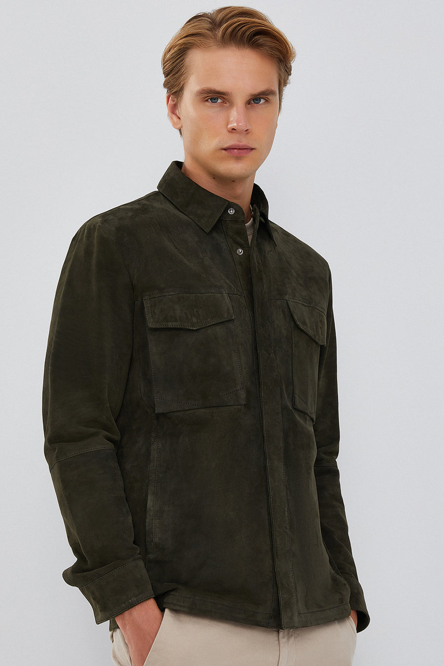 Navas Men's Green Shirt Style Suede Leather Jacket