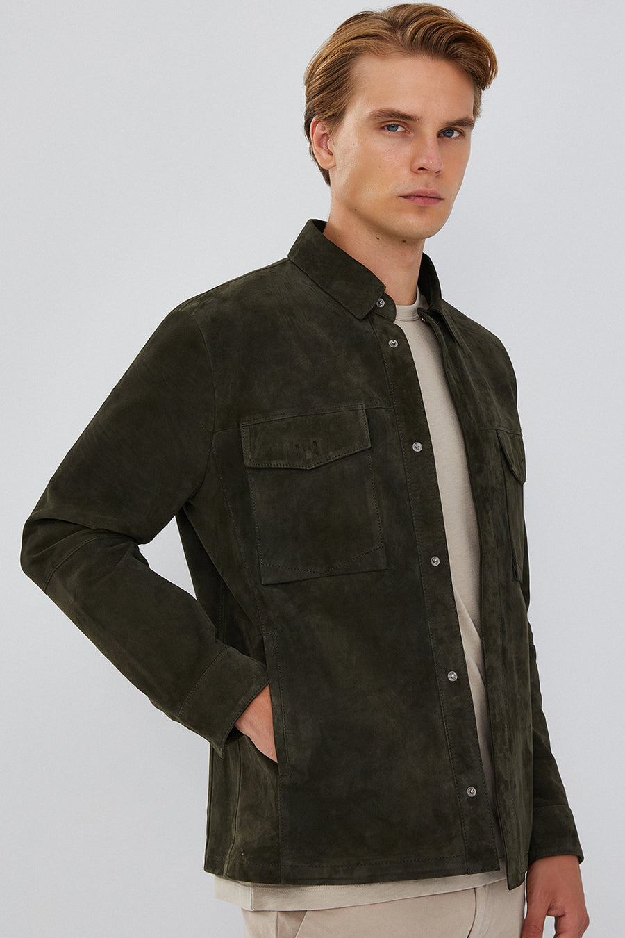 Navas Men's Green Shirt Style Suede Leather Jacket