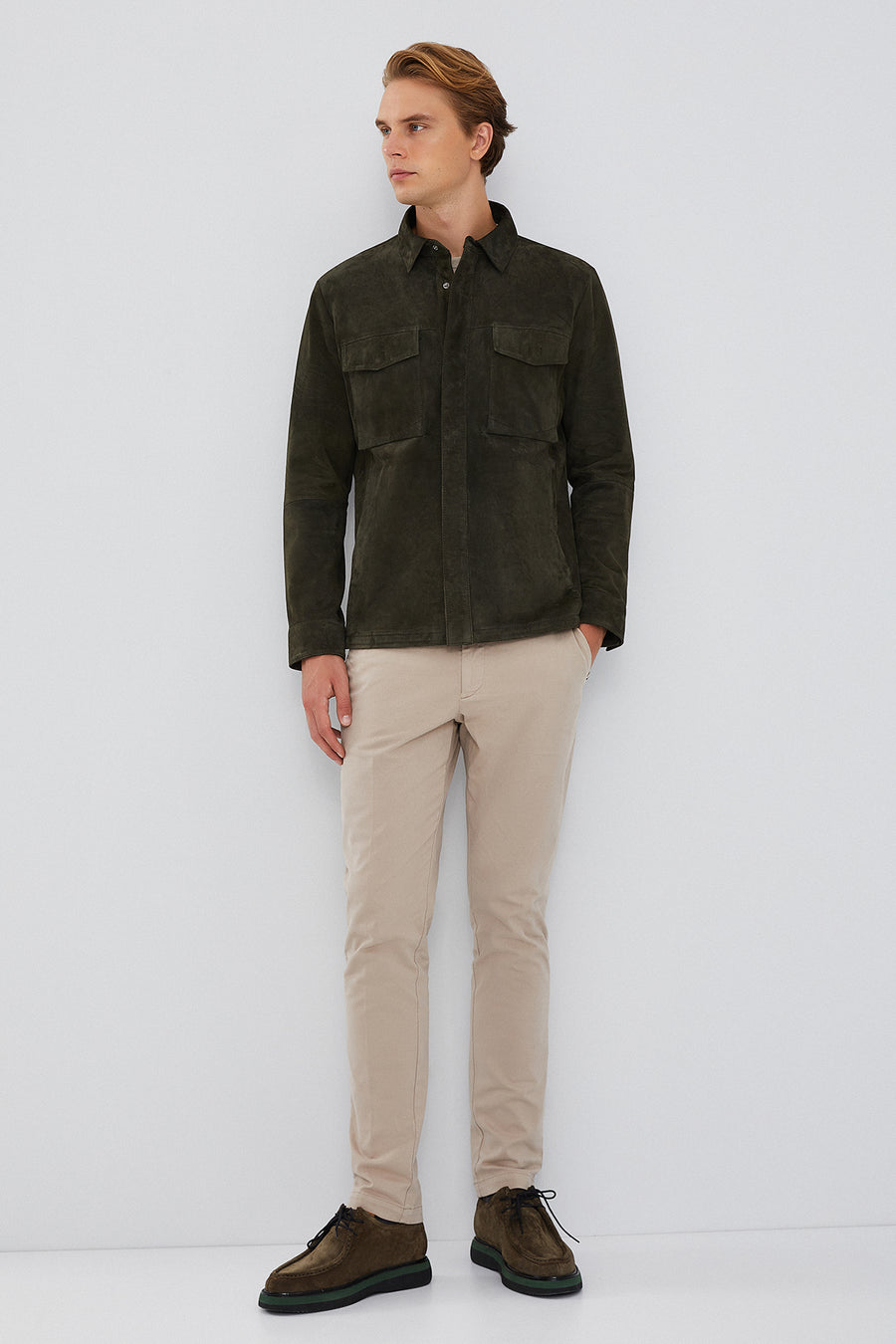 Navas Men's Green Shirt Style Suede Leather Jacket