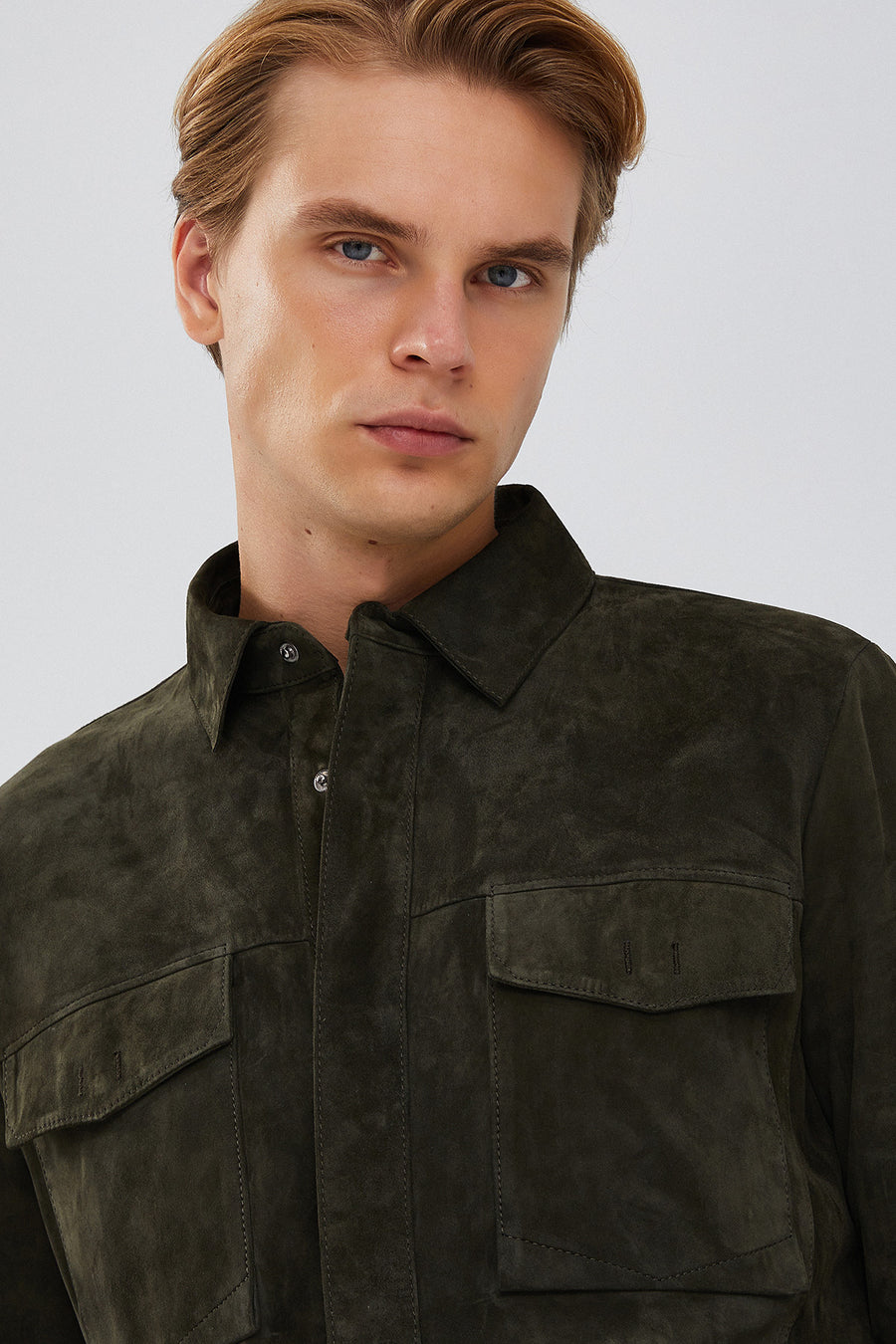 Navas Men's Green Shirt Style Suede Leather Jacket