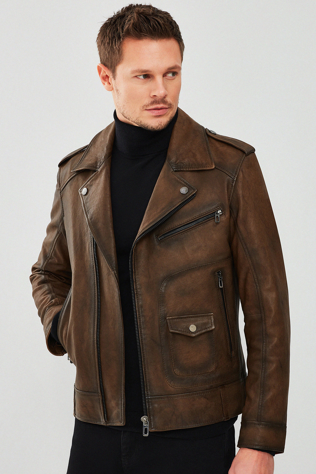 Carter Erkek Kahverengi Biker Deri Mont