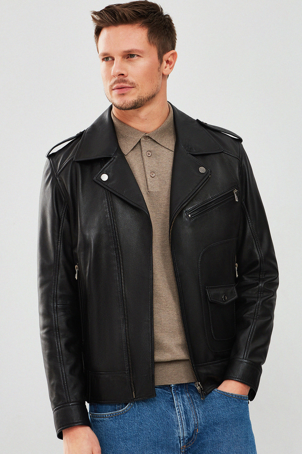 Carter Erkek Siyah Biker Deri Mont