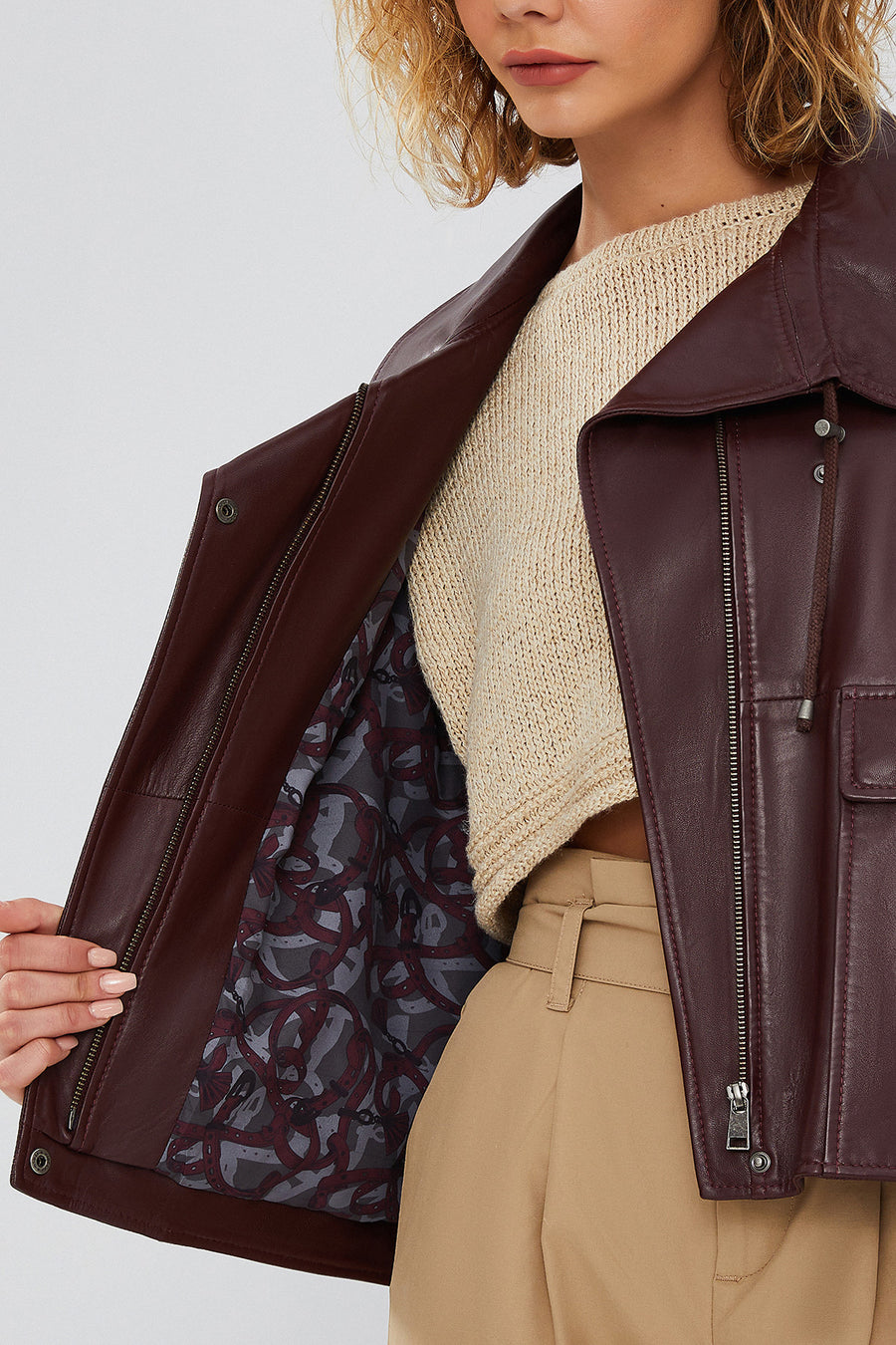 Nova Kadın Bordo Oversize Deri Ceket