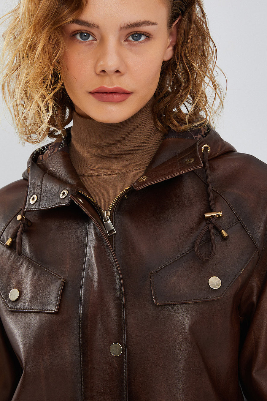 Greta Women's Brown Hooded Leather Coat