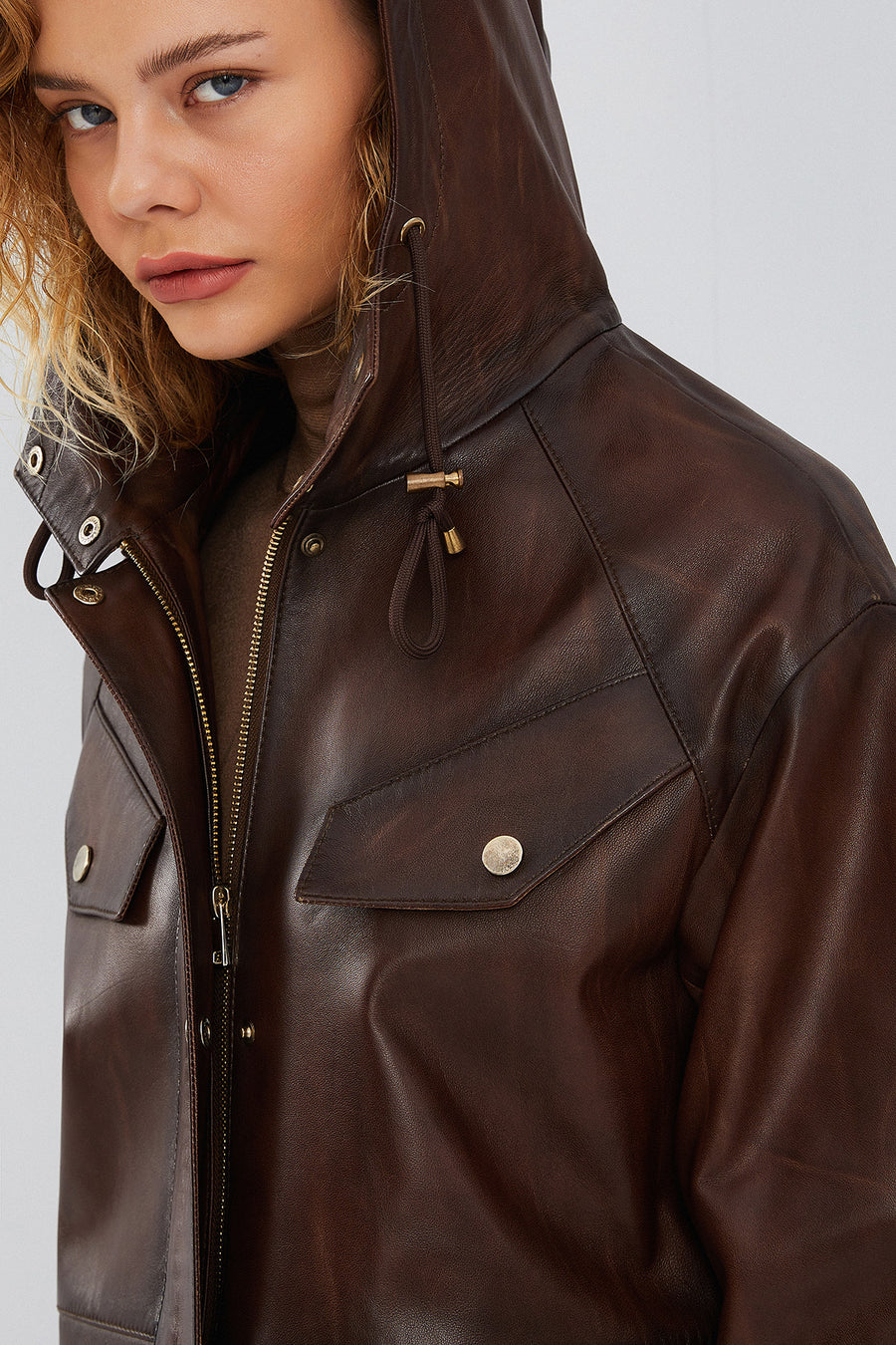 Greta Women's Brown Hooded Leather Coat