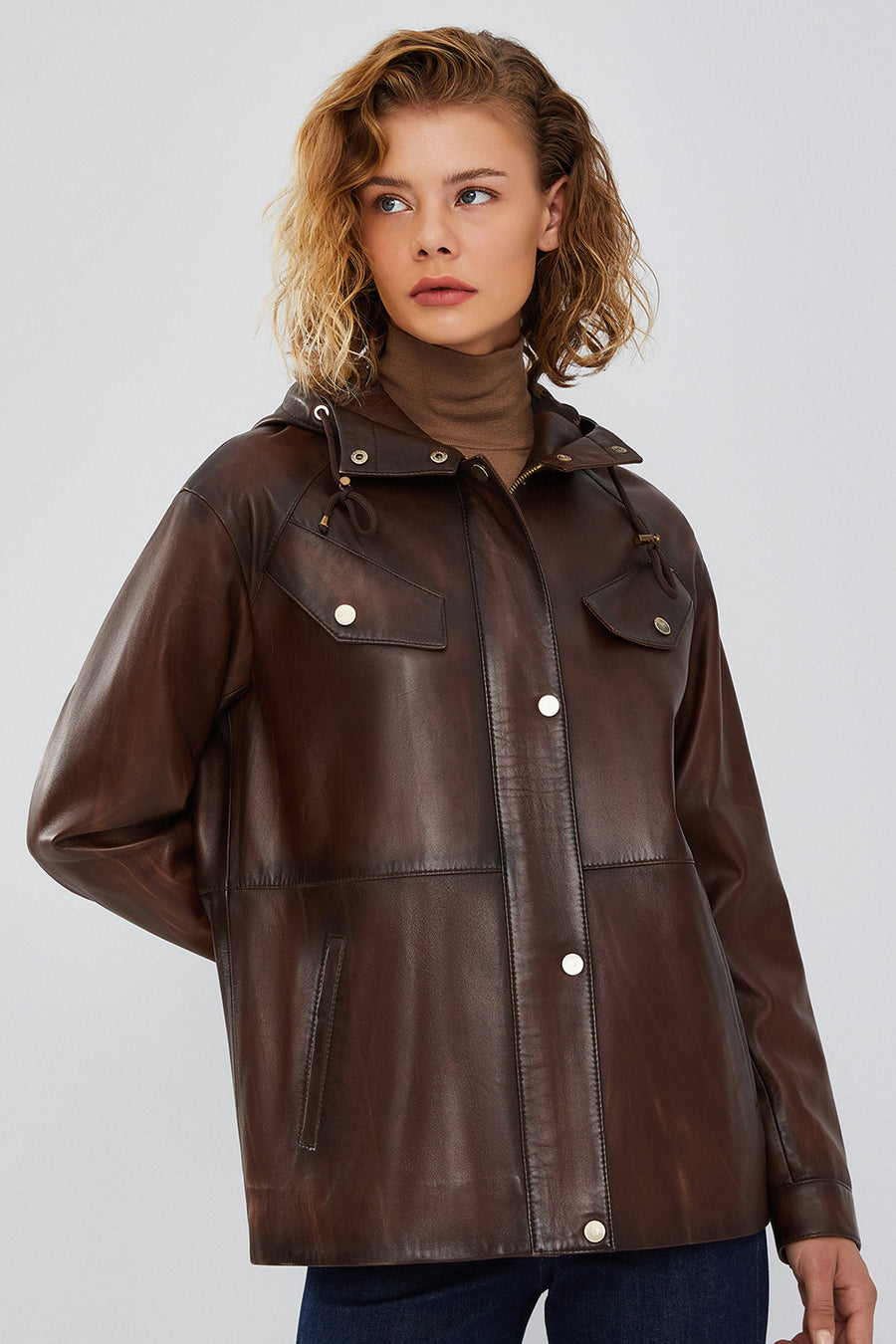 Greta Women's Brown Hooded Leather Coat