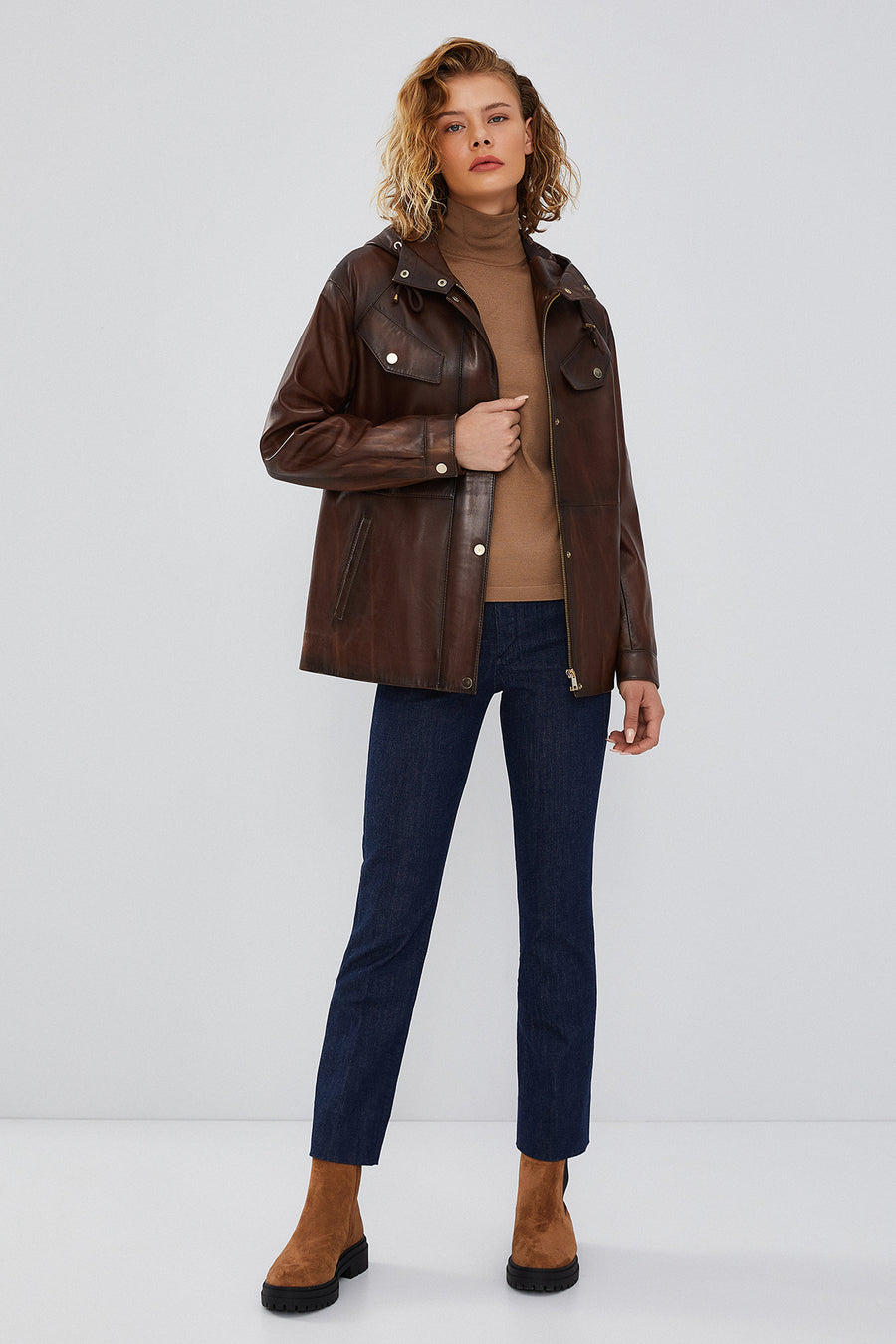Greta Women's Brown Hooded Leather Coat