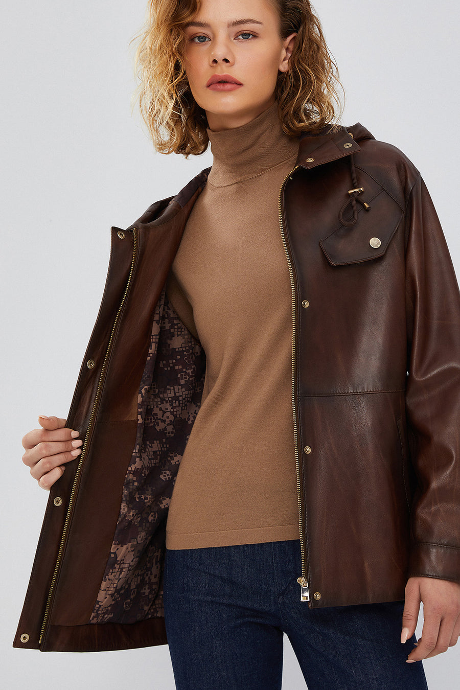 Greta Women's Brown Hooded Leather Coat