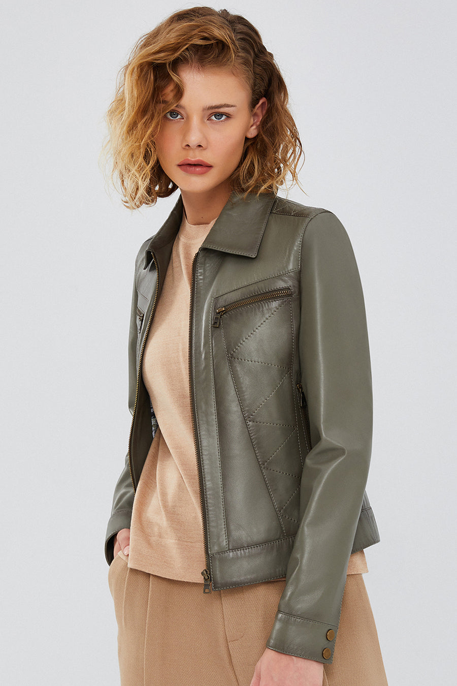 Hera Women's Green Short Leather Jacket 23WGE5107R3 | Derimod
