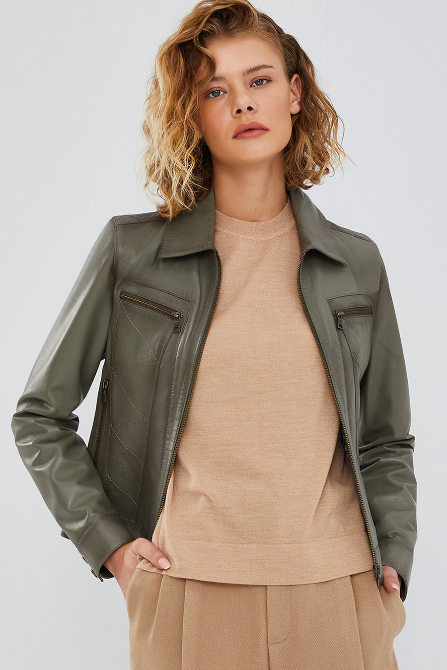 Hera Women's Green Short Leather Jacket