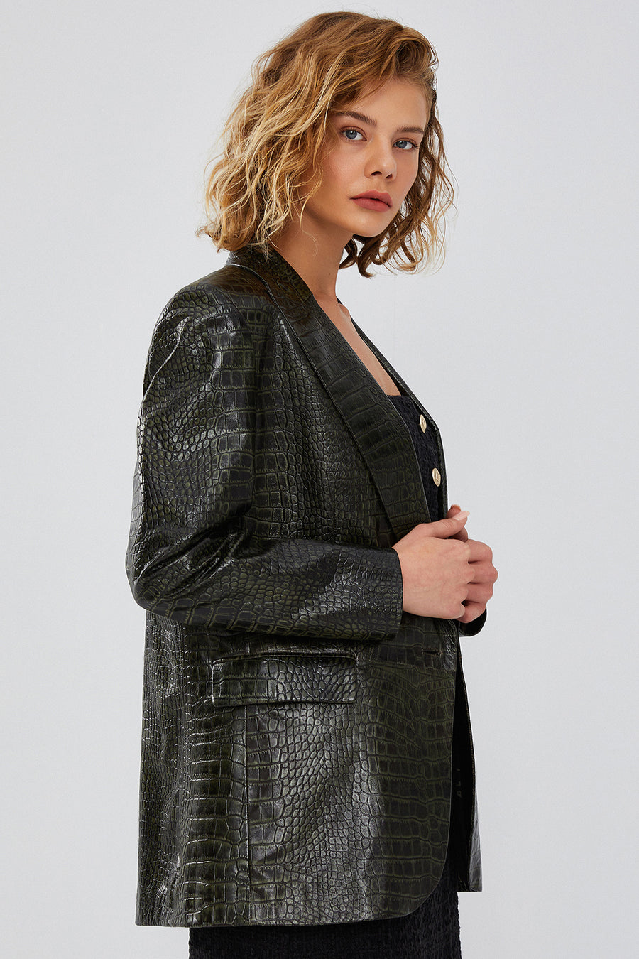 Karla Kadın Yeşil Baskılı Deri Blazer Ceket