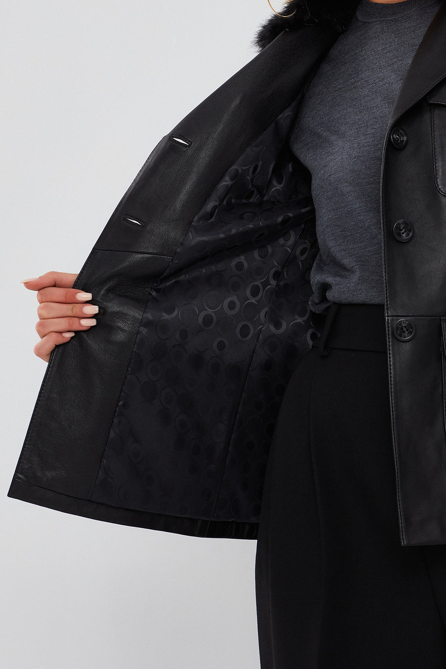 Anais Kadın Siyah Yakası Kürklü Blazer Deri Ceket