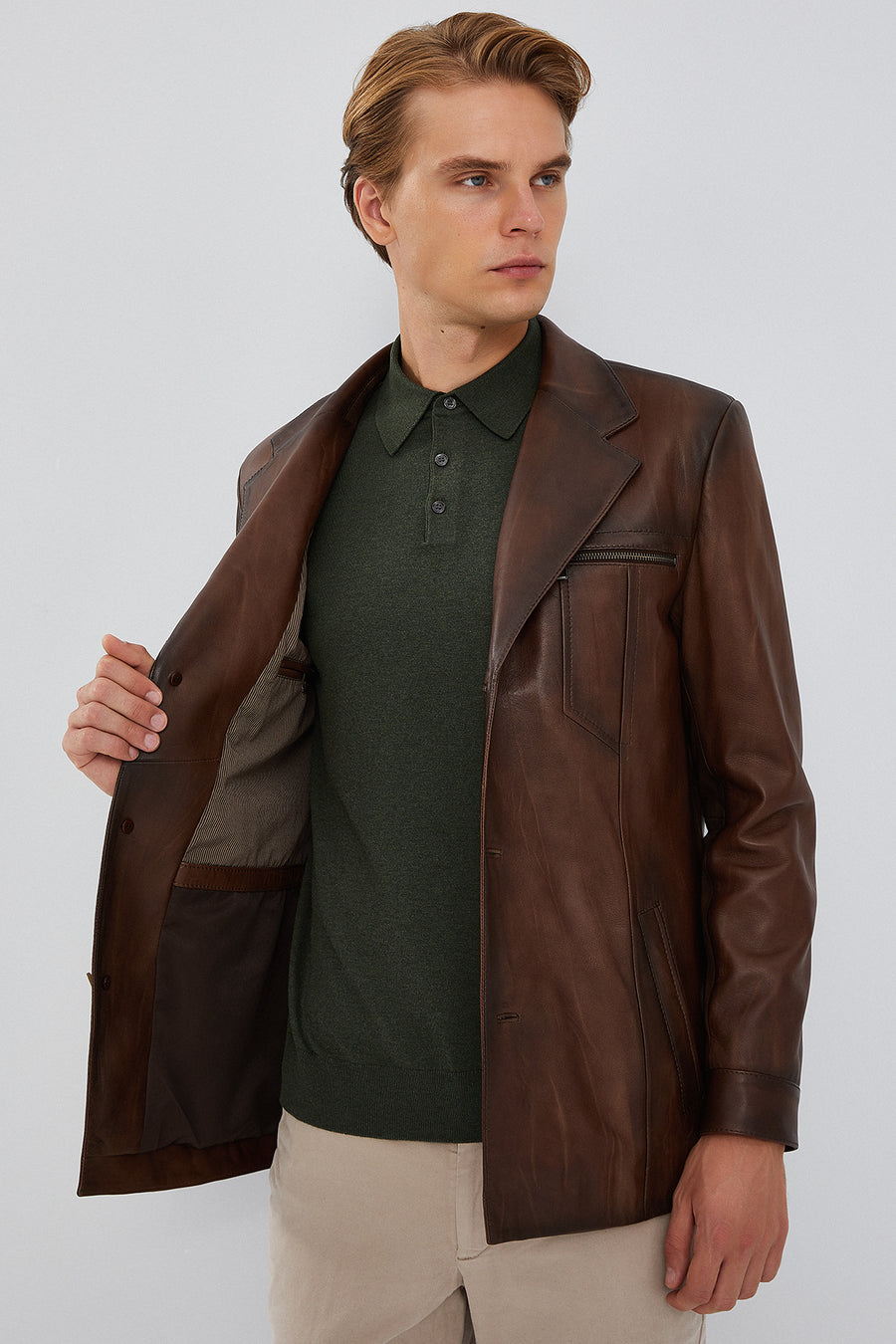 Bernard Erkek Kahverengi Blazer Deri Ceket