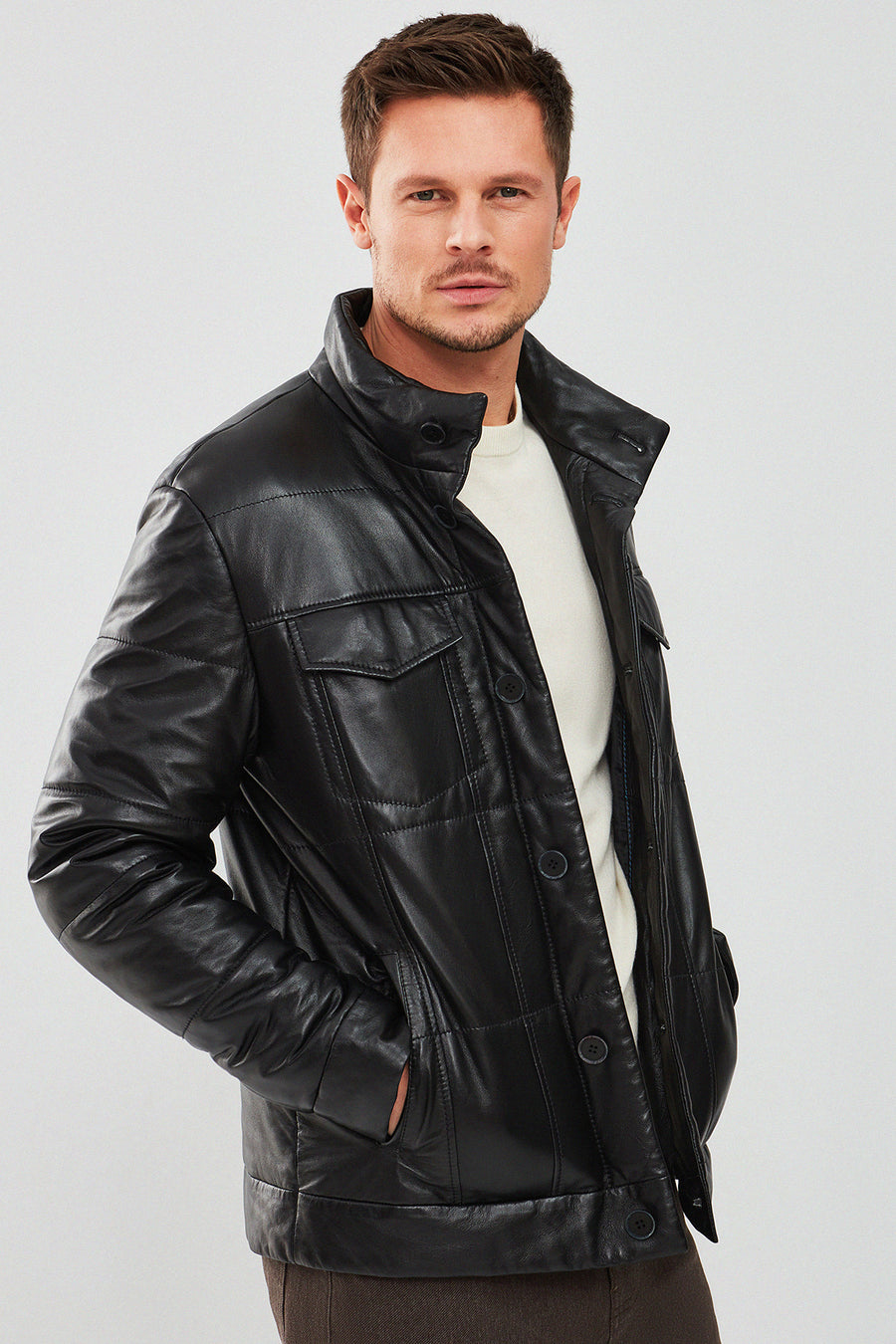 Lorenzo Men's Black Puffer Leather Jacket