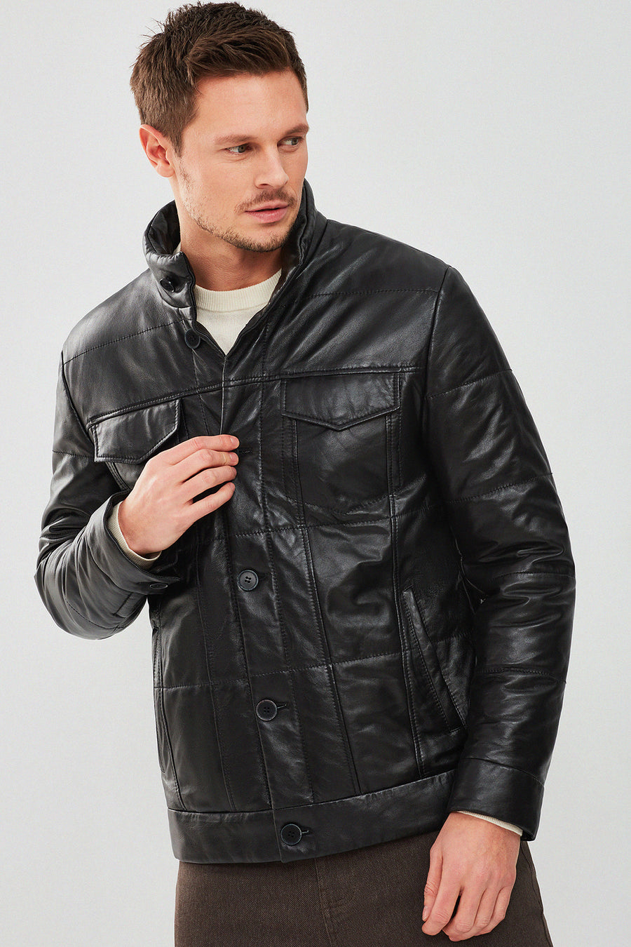 Lorenzo Men's Black Puffer Leather Jacket