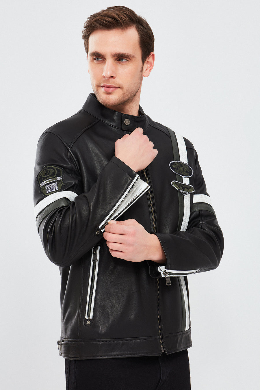 Racer Erkek Spor Slim-Fit Deri Ceket