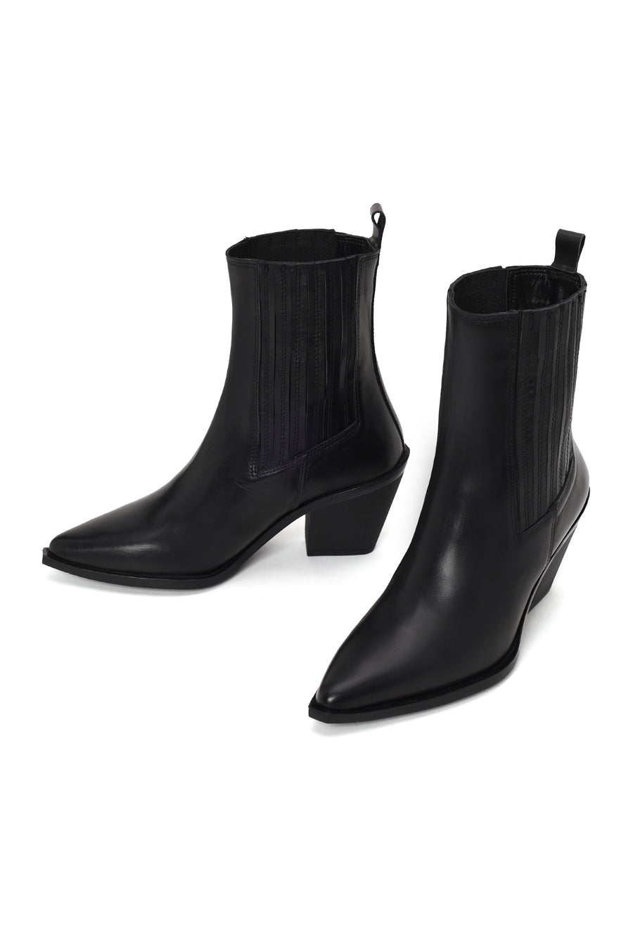 Woman Black Chunky-Heel Leather Cowboy Boots