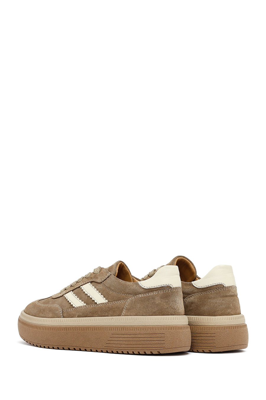 Woman Beige Lace-Up Thick-Soled Suede Leather Sneakers