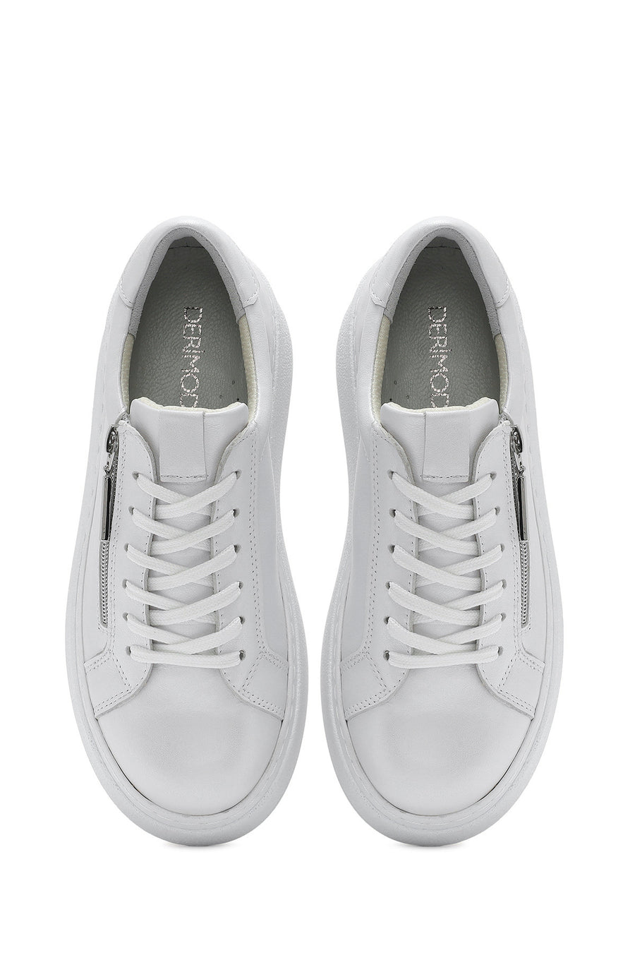 Women's White Thick-Soled Side Zipper Lace-Up Leather Sneakers