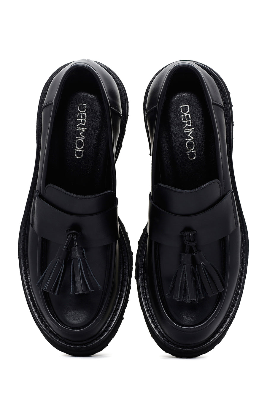 Kadın Siyah Püsküllü Deri Maskülen Loafer
