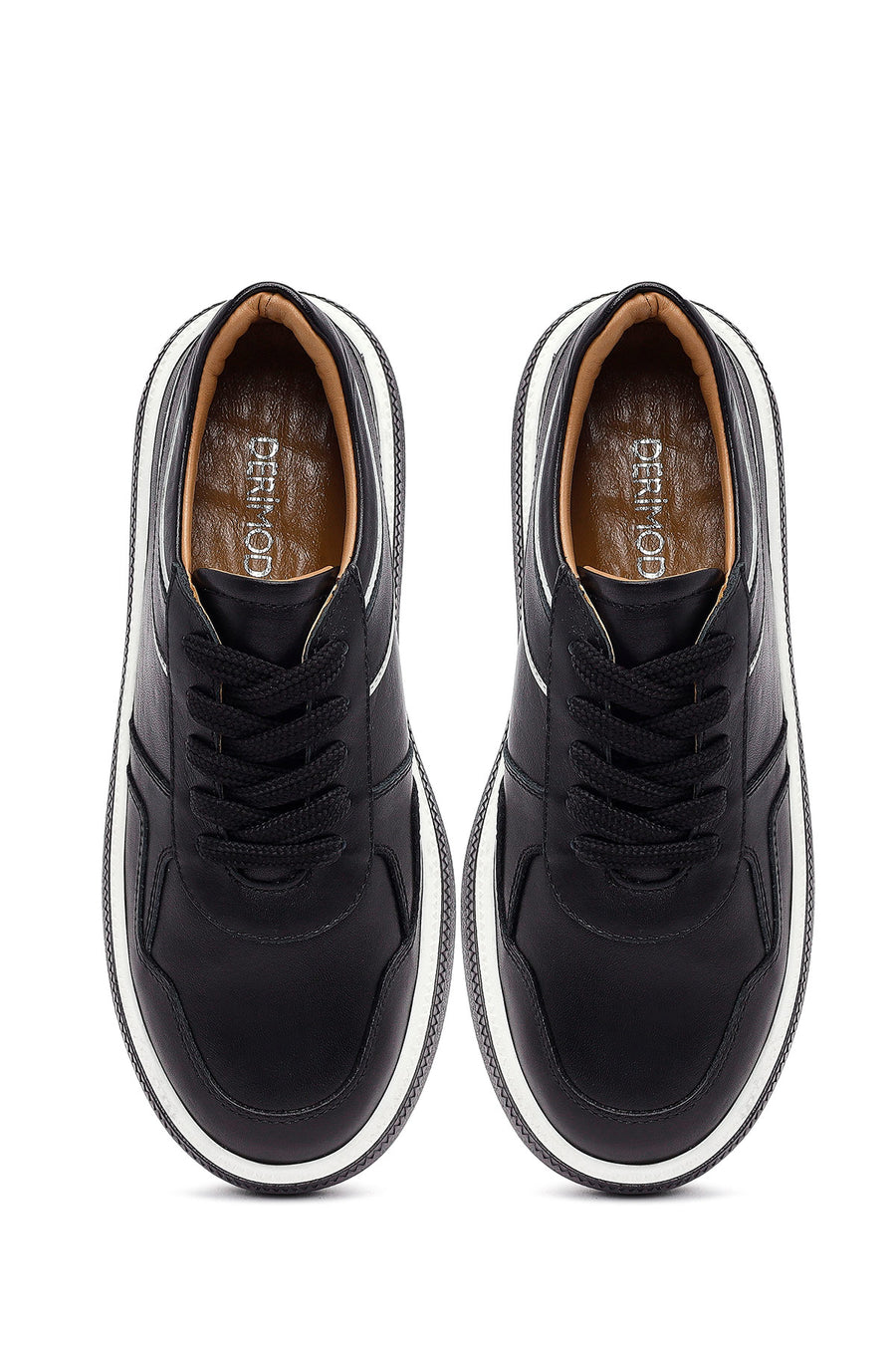 Women's Black Lace-Up Thick-Soled Leather Sneaker