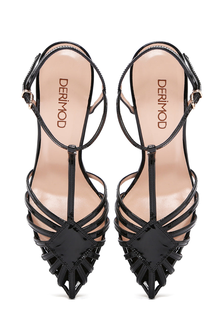 Women's Black Ankle Strap Thin Heeled Patent Leather Sandals