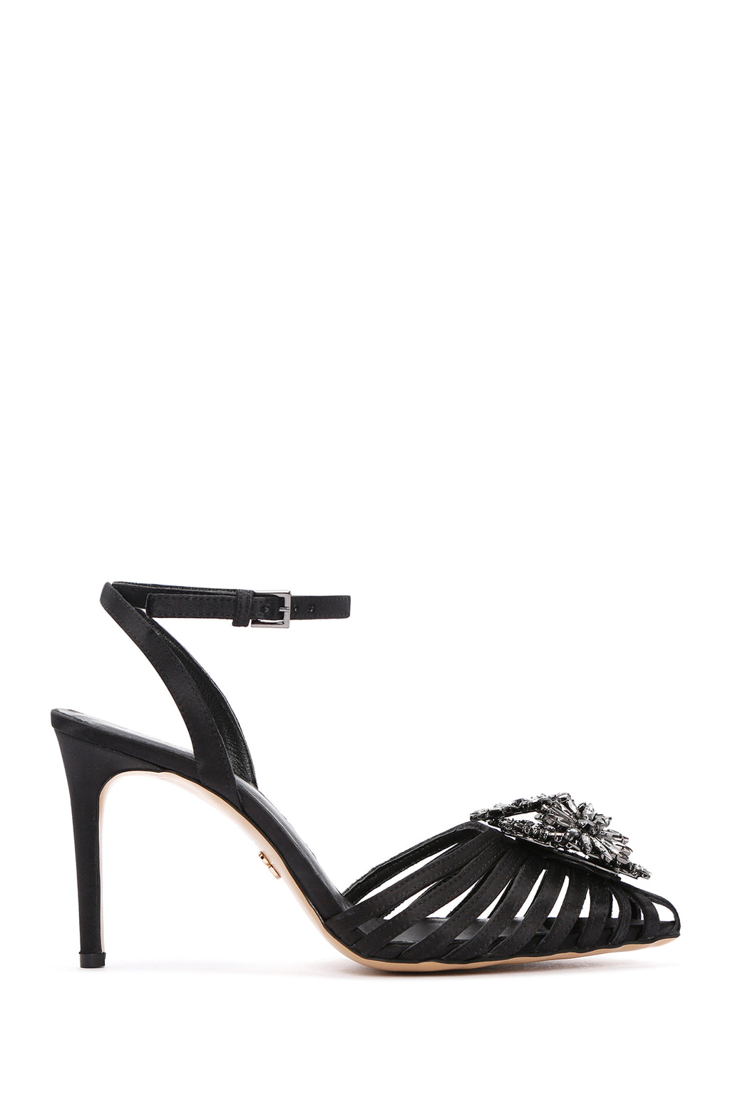 Kadın Siyah Bilekten Bantlı Taşlı İnce Topuklu Deri Stiletto