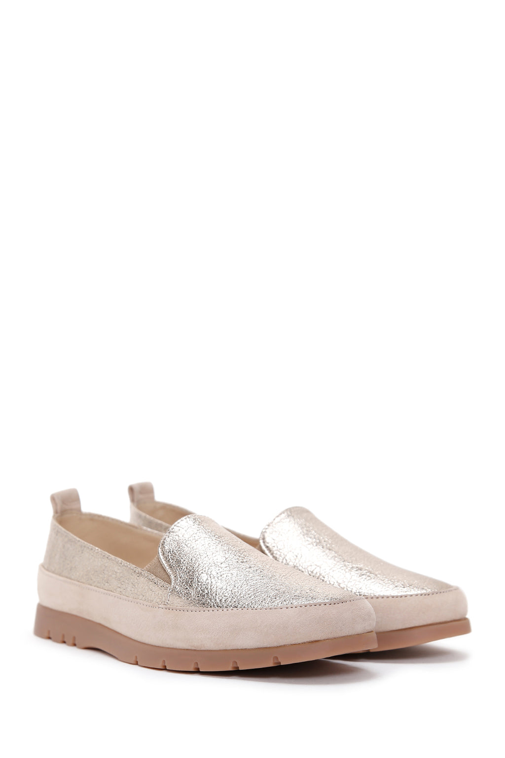 Kadın Bej Simli Deri Comfort Loafer