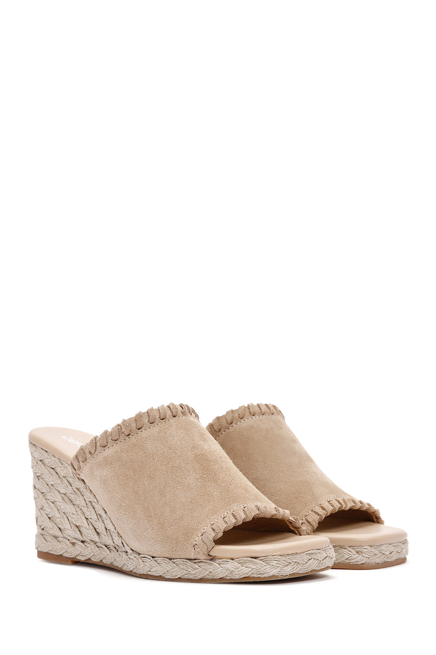 Women's Beige Wedge Heeled Suede Leather Espadrille Slippers
