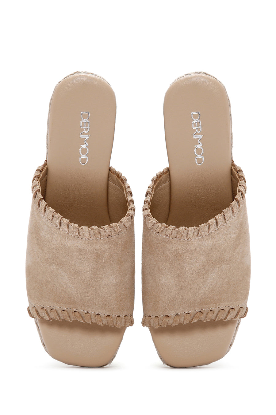 Women's Beige Wedge Heeled Suede Leather Espadrille Slippers