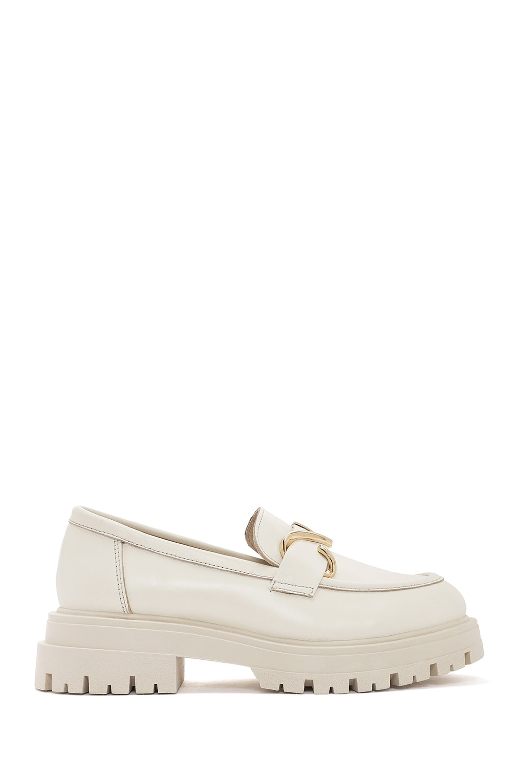Kadın Krem Deri Maskülen Loafer