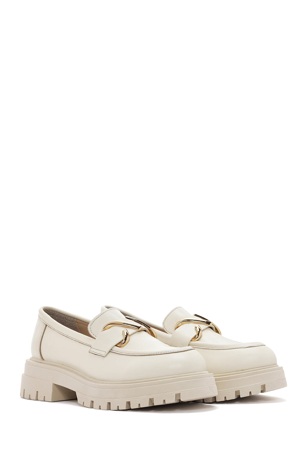 Kadın Krem Deri Maskülen Loafer