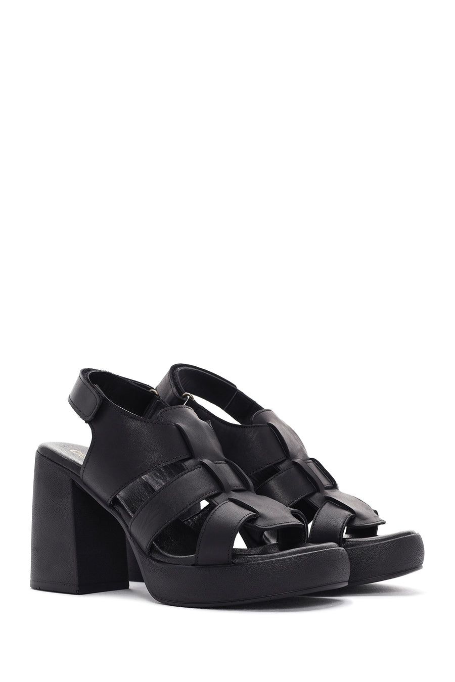 Women's Black Ankle Strap Thick Heeled Leather Sandals