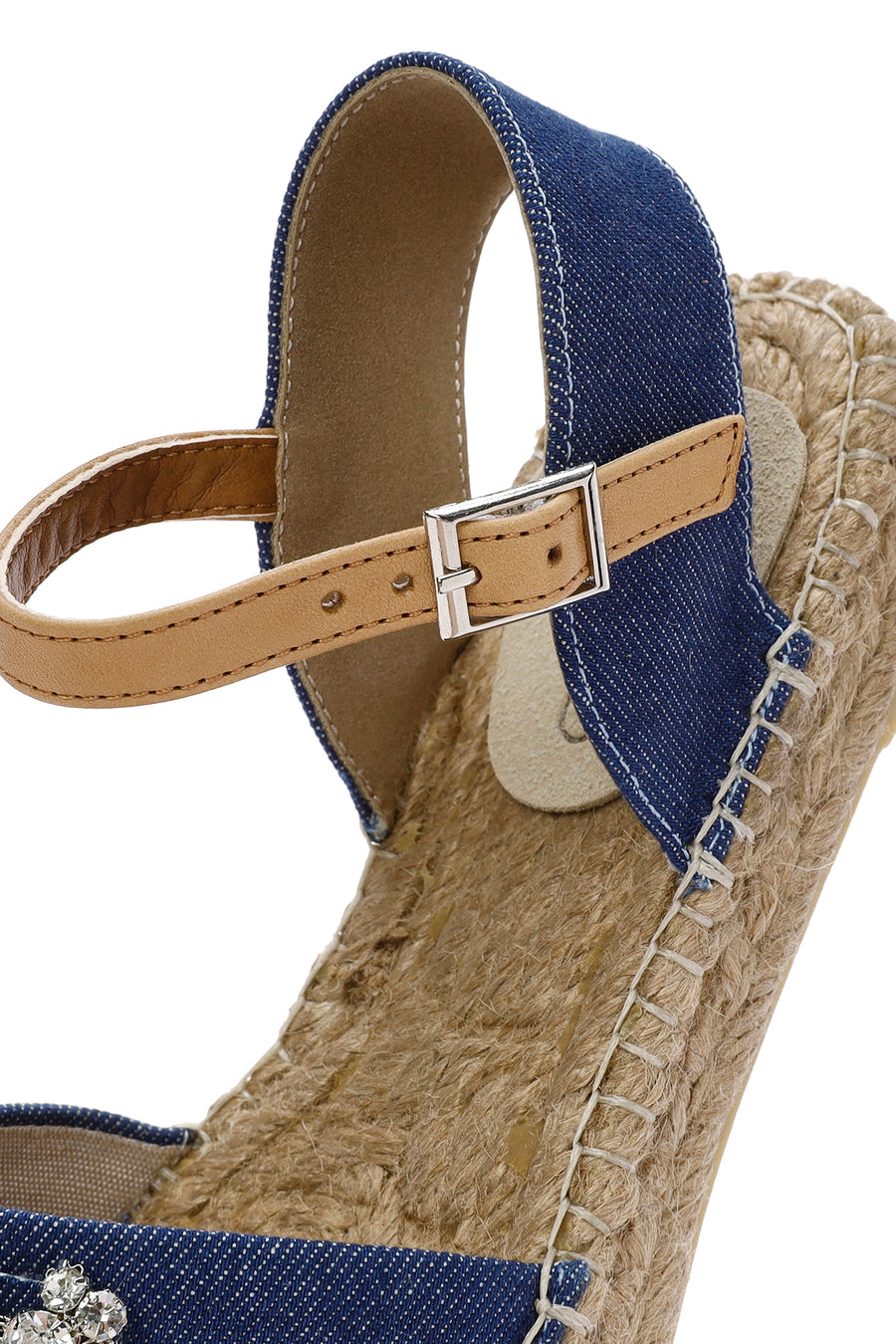 Women's Blue Ankle Buckle Jean Fabric Stoned Espadrille Sandals