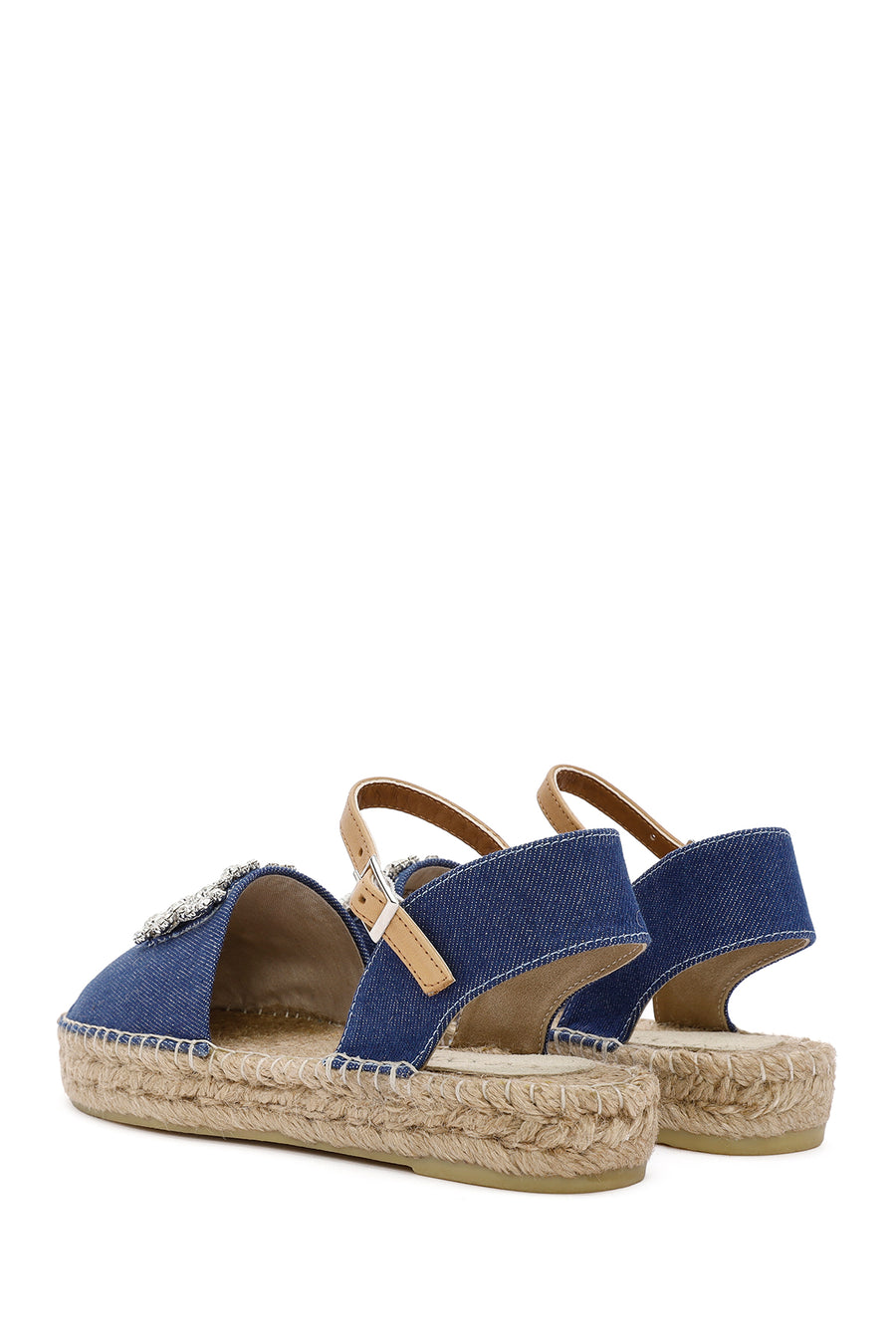 Women's Blue Ankle Buckle Jean Fabric Stoned Espadrille Sandals