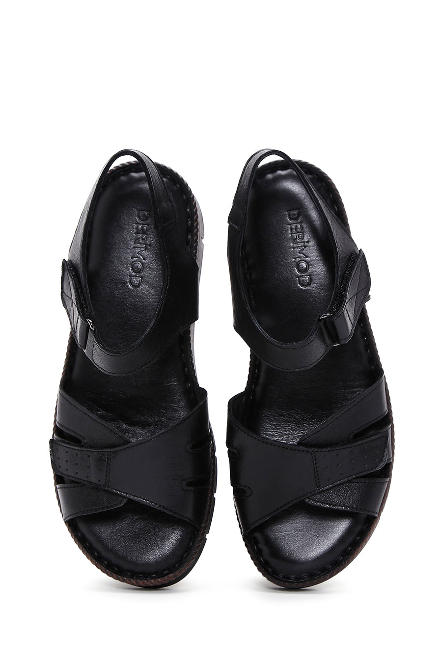 Kadın Siyah Bilekten Bantlı Deri Comfort Sandalet