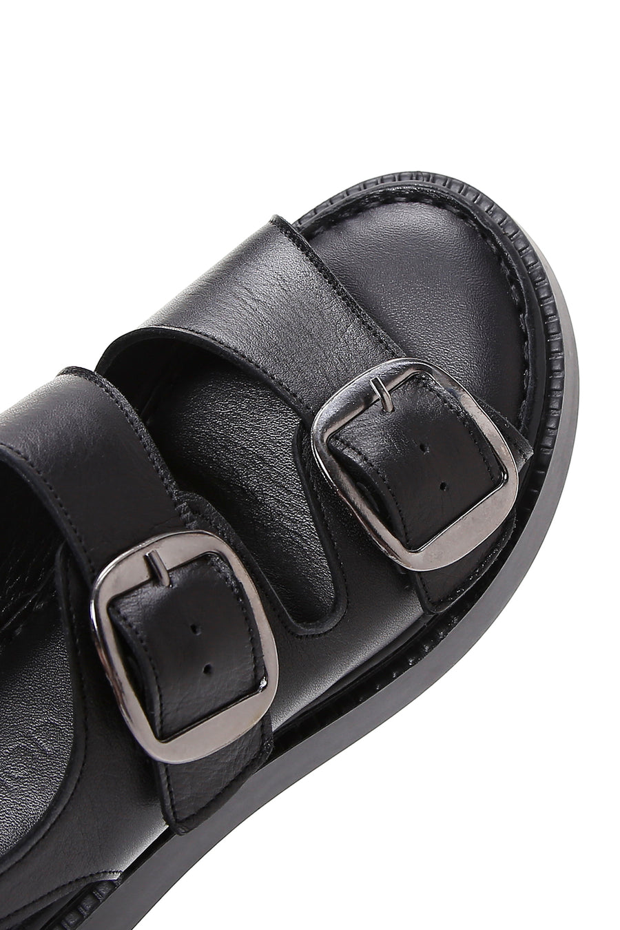 Kadın Siyah Bilekten Bantlı Çift Tokalı Deri Comfort Sandalet