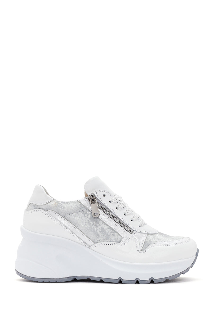 Women's White Wedge Heeled Lace-up Leather Sneaker 24SFD371314 | Derimod