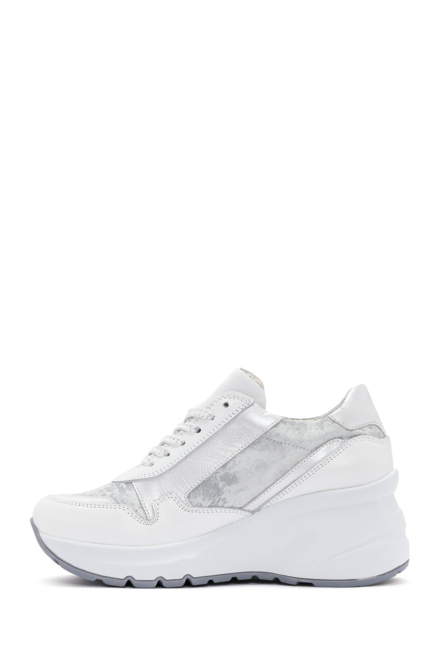 Women's White Wedge Heeled Lace-up Leather Sneaker