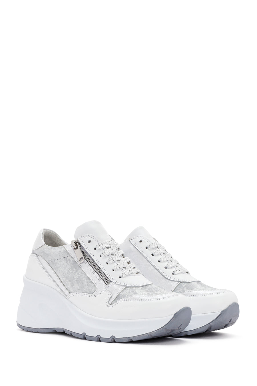 Women's White Wedge Heeled Lace-up Leather Sneaker