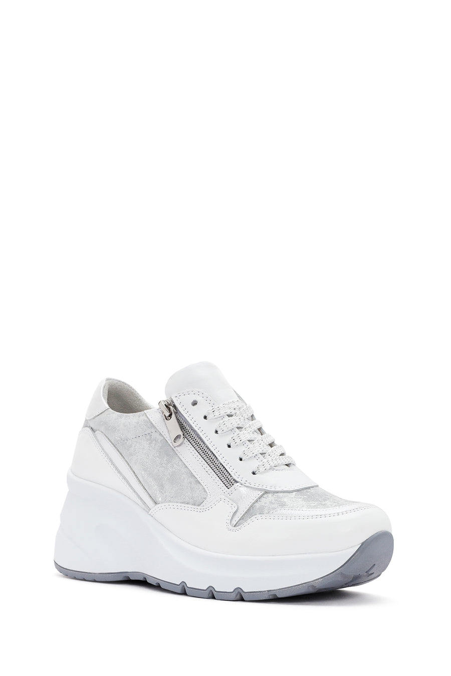 Women's White Wedge Heeled Lace-up Leather Sneaker