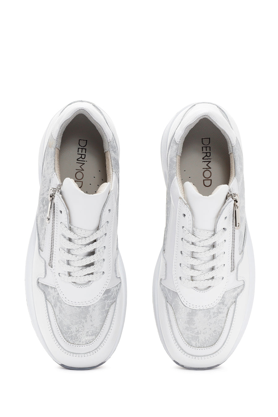 Women's White Wedge Heeled Lace-up Leather Sneaker