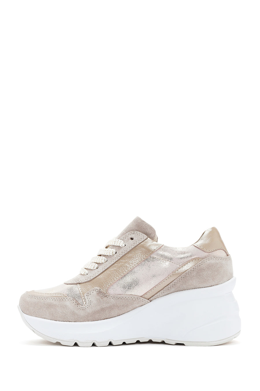 Women's Beige Wedge Heeled Leather Sneaker